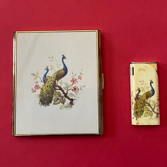vintage colibri cigarette case with Peacock Design 1960's Cigarette Case & Lighter